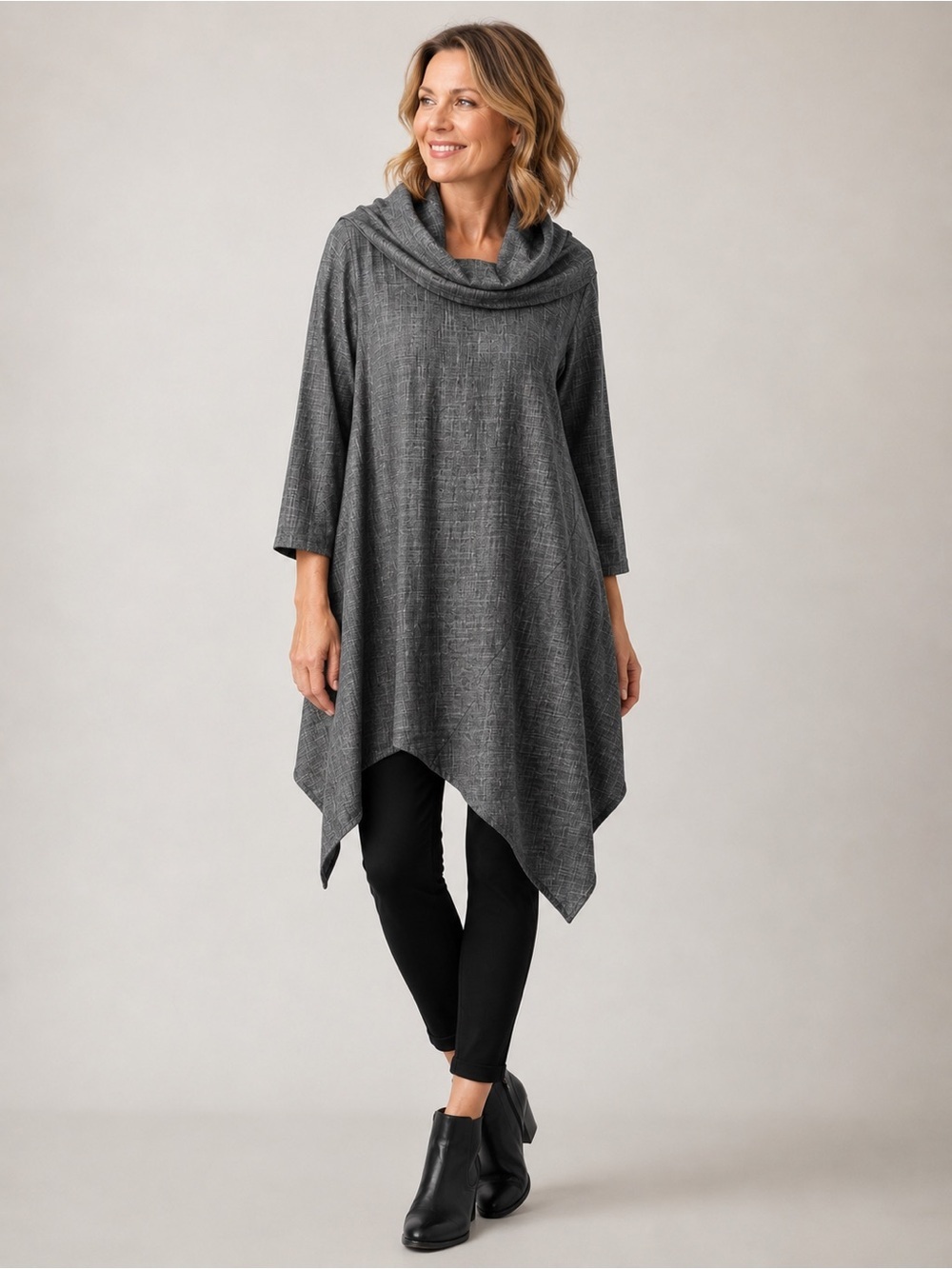 Bryn Walker Asymmetrical Dress Women Grey Lagenlook Tunic Cowl Neck USA NOA